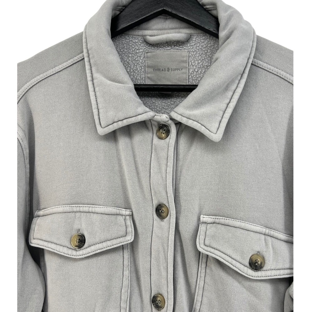 Thread & Supply Womens Gray Fleece Shacket Button Front Shacket in Stone